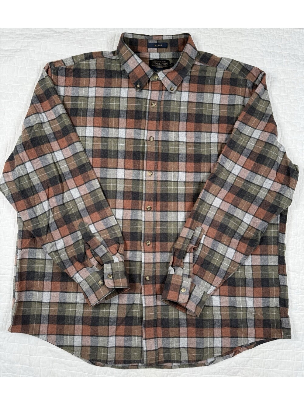 Pendleton Mason Men XXL Plaid Flannel Shirt 100% Cotton Brown Green Button Down